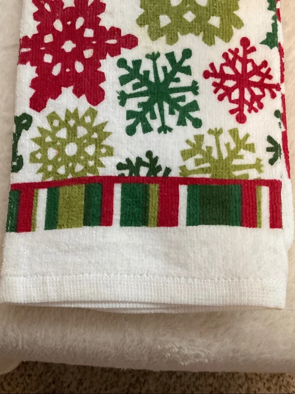 FRIENDS Holiday Snowflake Kitchen Towel in Red Green and White